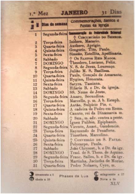 Aspecto do calendário do Almanach. Em destaque as comemorações, santos e festas da Igreja para o mês de janeiro.